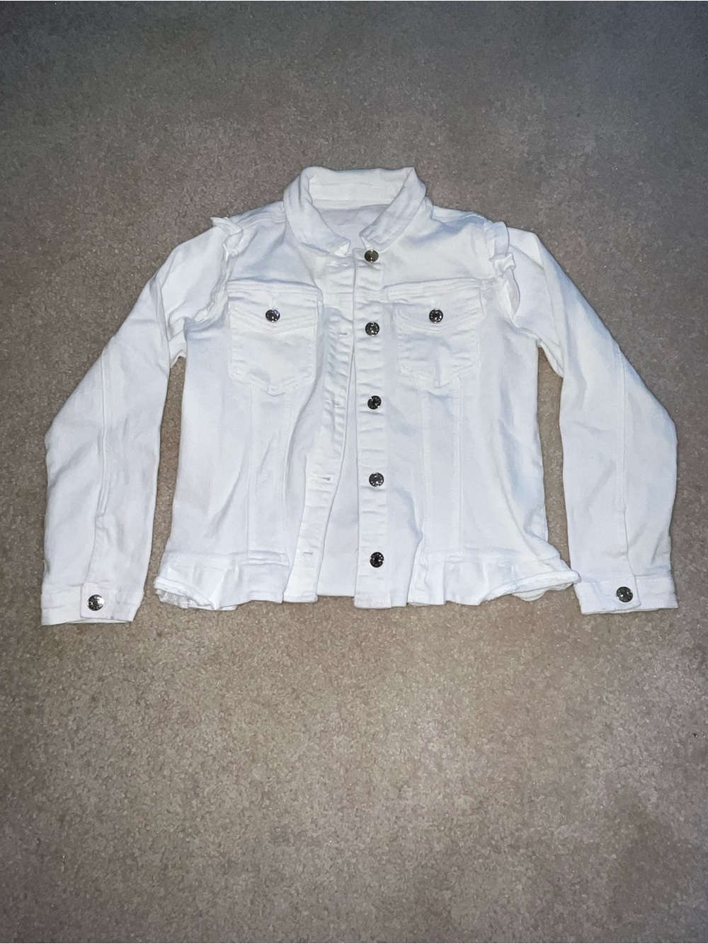 White Ruffle Trim Denim Jacket | Button Front Jacket | Women’s XS